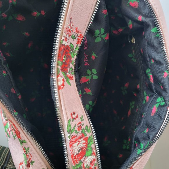 Betsey Johnson Large Double Zip Make Up Cosmetic Bag Pink Floral Red Roses - Picture 8 of 12